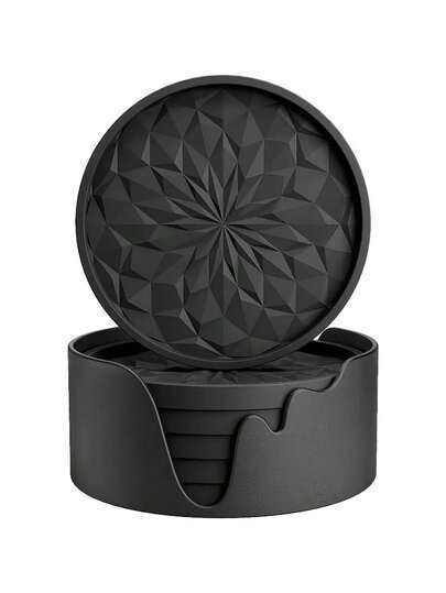 6pcs/Set Thick Solid Color Minimalist Silicone Round Coasters With Holder, Anti-Slip & Heat-Resistant, Suitable For Kitchen, Dining Table, Cafe, Picnic, Holiday Party, Birthday Party, Gathering