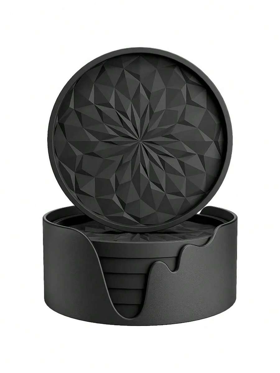 6pcs/Set Thick Solid Color Minimalist Silicone Round Coasters With Holder, Anti-Slip & Heat-Resistant, Suitable For Kitchen, Dining Table, Cafe, Picnic, Holiday Party, Birthday Party, Gathering - Multicolor - View 1