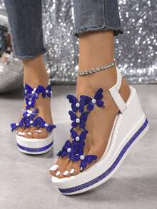 Women's Fashionable Platform Sandals With Butterfly & Pearl Decor, Versatile Wear, Summer/Autumn - Blue - View 4