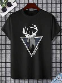 Camiseta con Motivos de Cornamenta, Caza de Ciervos, Ciervo de Cola Blanca, Cornas de Ciervo y Animales Silvestres. Camiseta de Manga Corta para Hombres de 100% Algodón Puro, con un Cuello Redondo Suave y un Tejido tejido con Ligera Estirabilidad, Transpirable y Muy Cómoda de Vestir. - Negro - Ver 1