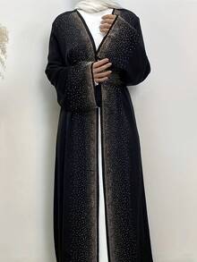 Fashion Elegant Rhinestone Lace-Up Bell Sleeve Robe, Modest Kaftan - Black - View 6