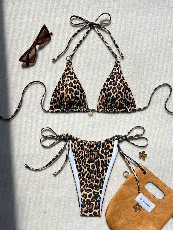 Neuer Leoparden-Muster Schnur-Träger Strand Urlaub Bikini Set