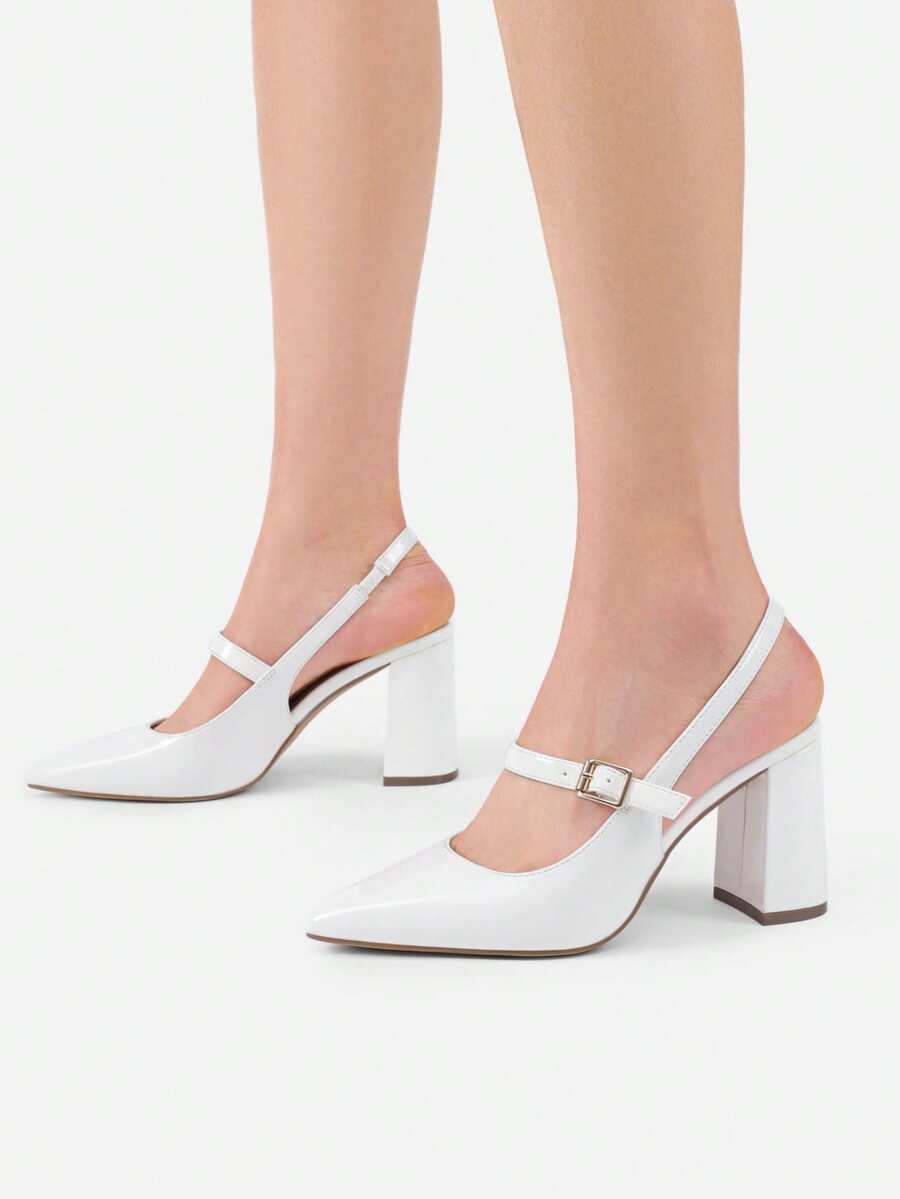 Women's White Chunky Heels Slingback Pumps Pointed Toe  Slip-On Fashionable Elegant Simple Basic Party Casual Dress Shoes - 白色 - 查看 1