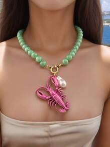 Retro Versatile Crustacean Beaded Handmade Necklace, Vintage Alloy Boho Seafood Jewelry, Fashion Unique Resort Style