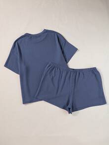 2 st plus size ribbad stickad t-shirt och shorts set för kvinnor, elegant sommar - Marinblå - Visa 4