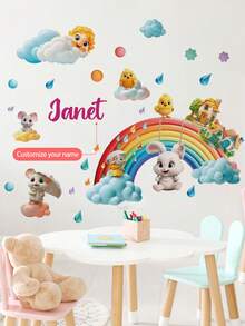 Personalized Name Wall Stickers For Kids – Custom Animal-Themed Wall Decals (Airplane Mouse, Rainbow Bunny, Panda) – Removable PVC Wall Decor For Nursery, Bedroom, Playroom - DP047-rainbow Bunny-30-120 - View 3