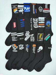 5pairs/set Random Men's Black Letter, Stripe, Dinosaur & Robot Patterned Mid-calf Socks For Skateboarding, Autumn & Winter