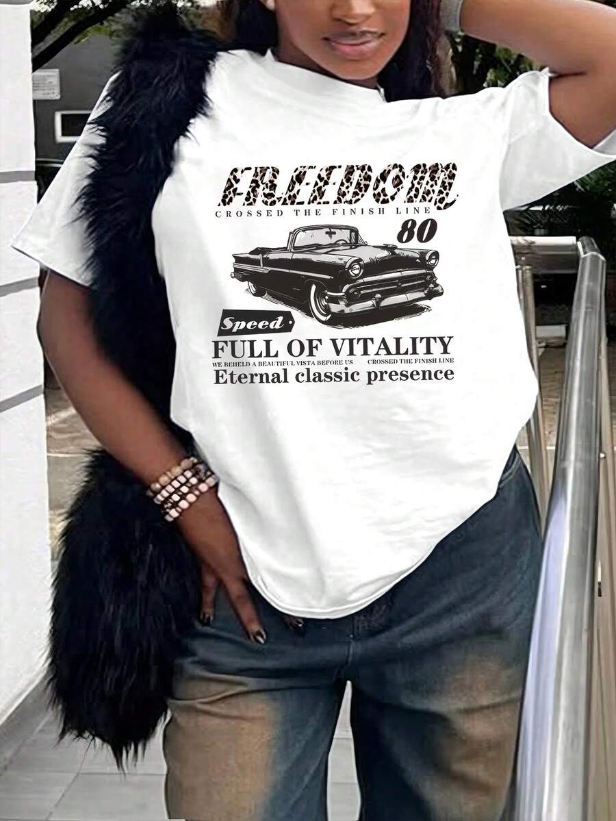 Y2K Retro Leopard Print & Letter Car Graphic Tee For Women - White - View 1