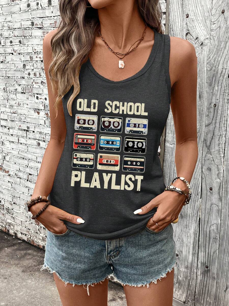 Top de tirantes con estampado de cinta y letras de estilo retro, top de verano informal sin mangas para mujer, tops para festivales de música, camisetas gráficas para mujer
