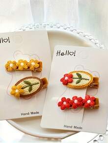 1set/2pcs Embroidered Small Flower Hair Clip, Hair Accessory For Little Girls - Multicolor - View 8