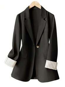 大码女式休闲通勤条纹拼接单扣长袖西装外套 春季黑色 - 黑色 - 查看 3