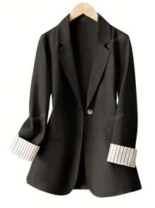 Plus Size Women Casual Commuter Sleeve Striped Splice Single Button Long Sleeve Blazer
