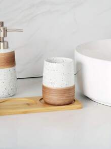 3 PiecesGlazed Ceramic Bathroom Set | Toothbrush Cup, Soap Dispenser & Natural Wood Tray | Hygienic Counter Organizer For Modern Farmhouse (Easy Clean, Gift Ready) Back To School