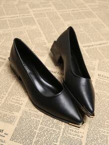 Nuevos zapatos de piso tipo Mary Jane 2025 de verano, versátiles para la oficina, casual y fiesta, para mujer, con puntera puntiaguda, tacón grueso, decoración metálica, diseño minimalista elegante, mocasines de alta calidad adecuados para pantalones de pierna ancha y vestidos, 73598-5, negro/marrón/beige - Negro - Ver 4