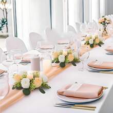1 pièce Composition florale de centre de table de mariage - Couronne de fleurs artificielles roses avec bougie, couronne de printemps/été pour porte d'entrée, cérémonie - Bougeoir de fleurs artificielles feuilles, couronne florale en soie rose avec support de bougie, petites fleurs en plastique pour décoration de mariage, bouquet de mariée, décoration de centre de table, jardin, cour, mariage, anniversaire, douche, décoration de chambre esthétique, salle de classe, bureau, balcon, centre commercial, Saint-Valentin, cadeau
