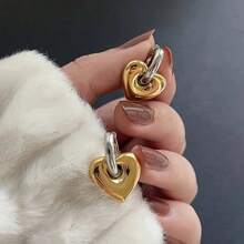 2pcs Stainless Steel Waterproof & Fade Resistant Vintage Gold & Silver Heart Shaped Hoop Earrings, Suitable For Women's Daily Wear