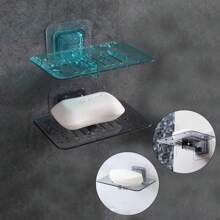 1pc Punch-Free Adhesive Soap Holder With Slotted Drain, Wall Mount Soap Case For Bathroom Sink And Shower, Efficient Water Draining Soap Bar Tray, Easy To Attach Strong Suction Soap Dish, Contemporary Design Soap Organizer, Durable And Practical Bathroom Accessory. Back To School