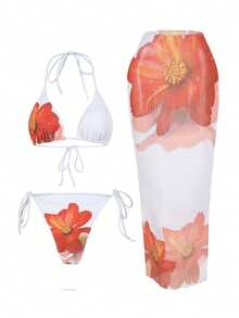 3 Stücke Set mit Sommer-Blumen Muster-Camisole, Spaghettiträger-Bikini-Bademode-Set und Rock für Damen