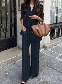 Women's Spring/Summer Casual Commute Striped Blazer, Top, And Pants 3-Piece Suit Set