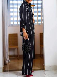 2 Peças Camisa de Botão de Manga Longa Listrada Casual Urbana e Calça de Perna Larga de Cintura Alta para Mulheres, Tecido Elástico Bidirecional de 120g, Conjunto de Escritório, Conjunto Urbano Confiante