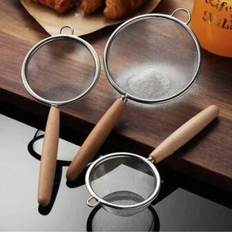 1PC Kitchen Fine Mesh Strainers, Stainless Steel Wire Mesh Oil Strainer Skimmer With Wood Handle, Durable Flour Colander Filter Baking Tool,Kitchen Accessories, A Must-Have Kitchen Tools Gift For Home Chefs, Space-Saving Storage For Kitchen Organizers , Christmas Kitchen Gifts Idea