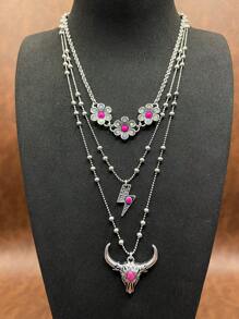 1 Set Fashion Retro Bohemian Style Zinc Alloy Flower/Lightning/Cow Head 3-Layer Pendant Necklace That Can Be Matched Freely, Flower Earrings Pendant, Suitable For Women/Girls To Match Daily Clothes, Party Accessories, Jewelry Gift For Family/Friends/Yourself