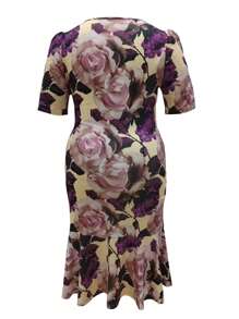 Abito a balze con stampa floreale vintage, taglia grande, in tessuto jersey estivo, scollo a ciambella, in poliestere e spandex, lunghezza midi