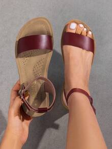 Women One Band Flat Sandals Open-Toe Ankle Strap Summer Sandals With Buckle Comfortable Versatile Slingback Shoes - 棕色 - 查看 2