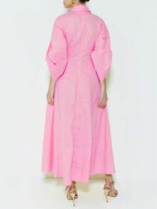 GLOURI Elegant V-Neck Maxi Dress - Long Sleeve Flared Hem Chic Dress With Lapel Collar | Summer Resort Wear For Date Nights/Tropical Vacations - 粉色 - 查看 3