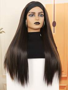 26Inch Long Synthetic Brown Interlaced( Black)Highlight Wig Headband, Heat Resistant Silky Straight Headband Wigs For Women, Christmas Halloween Festival Wig, Daily Party Cosplay - Piano Color - View 7