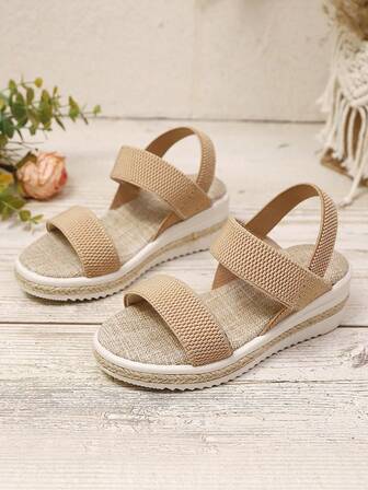 Girls' Simple Solid Color Elastic Comfortable Thick Sole Summer Sandals, Rope Platform Thick Bottom Sandals (Run Small)