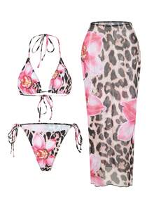 3pcs/Set Summer Floral Print Sling, Neck Strap Sexy Women Bikini Set With Skirt - Leopard Pink Change Flower - View 2