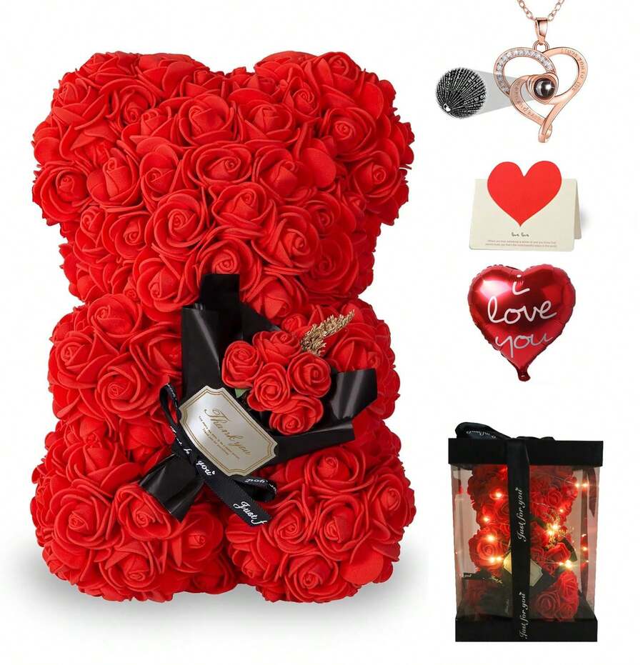 Kit Premium Oso de Rosas + Varios Regalos Sorpresa para Novias - Regalo Romántico de San Valentín o Aniversario con LED, Collar de 100 Idiomas y Decoración Única