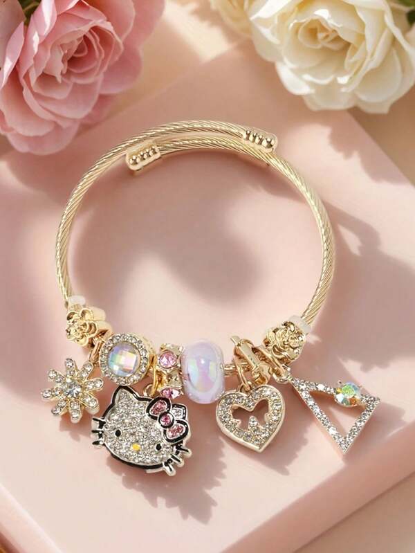 1 pieza, Pulsera con dijes de anime Sanrio - Joyería linda de Hello Kitty, adecuada para adolescentes, regalo de dibujos animados ajustable con cuentas brillantes | Accesorio de anime lindo, aleación de metal resistente, apto para uso diario
