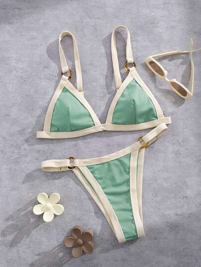 女士新款撞色细肩带比基尼套装