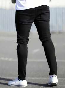 Teen Boy Solid Color Ripped Pocket Fashionable Stretchy Skinny Jeans