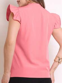 MARILYN MONNA New Women's Solid Color Classic V-Neck Ruffle Elegant Notched Neck Sleeve Blouse - 西瓜粉 - 查看 2