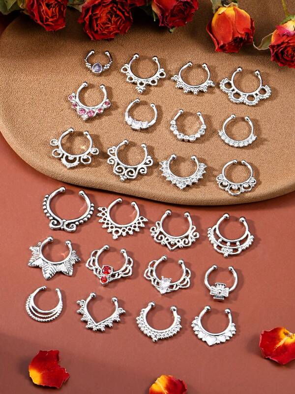 Set de 2 piezas de aros de aro de septo falso con CZ claros, anillos fijos sin perforación en forma de hoja, bola y corazón para hombre y mujer, ideal para ocasiones diarias en todas las estaciones, joyas multiestilo arcoíris