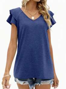 hupos Women's Summer Loose Fit T-Shirt Top Ruffled Sleeve Business Casual Women's Shirt V-Neck Shirt