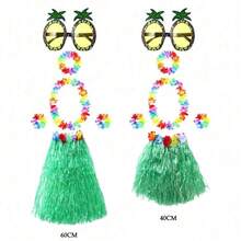 6pcs 40/60cm Hawaiian Hula Skirt With Garland Necklace Bracelet Headband And Pineapple Sunglasses Set, Adult Hawaiian Hula Skirt Suitable Luau Party Dance Outfit, Tropical Beach Birthday Wedding Party Decoration,Babyshower Decor(Green)