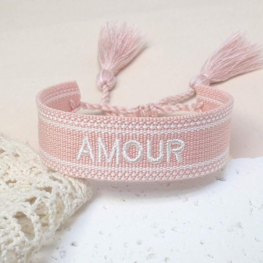 1pc Hand-Embroidered "AMOUR" Creative Handmade Woven French Style Vintage Bracelet, Suitable For Couple Gift, Holiday Gift - Baby Pink - View 1