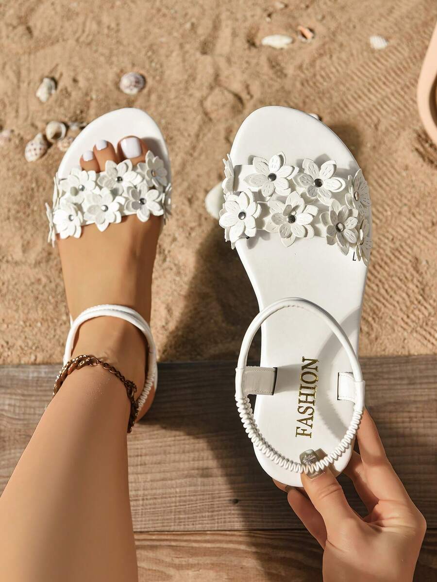 Plus Size Women Embroidered Comfortable Elastic Band Flat Sandals,Summer Outfits