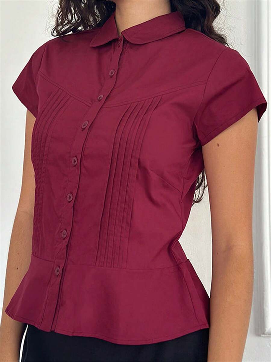 Women's Summer Slim Fit Shirt Solid Color Short Sleeve Lapel Button Down Pleated Tops - 酒紅色 - 查看 1