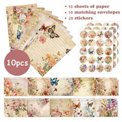 40/60pcs/Set Retro Stationery Set, Floral, Butterfly, Blank Handwriting Vintage Style Gifts Envelopes And Note Paper,School Supplies,Back To School