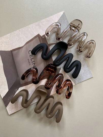 4pcs/1pc Women Oversized 10.5cm/4.13in Wave Shape Black, Amber, Brown Plastic Claw Hair Clips, Fashionable Versatile High-End Elegant Simple Minimalist Solid Color Ombre Hair Accessories, Suitable For Daily Outing, Leisure, Party, Commuting, Vacation, Ponytail, Bun Hair, Face Wash, Makeup, Outfit Matching, Bathroom Decoration Hair Jaw Clip Hair Clamps Hair Clutch Hair Catcher Clip, Claw Clip Fall Winter