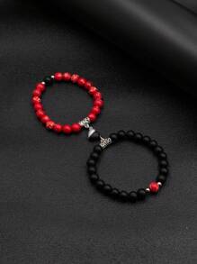 2pcs/Set Magnetic Heart Couple Bracelets, Bead Bracelet, Versatile Colors & Styles Suitable For Daily Wear, Parties, Great Gift For Boyfriend