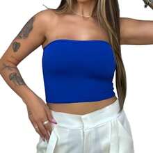 KIT 2 Tube Top Women's Bandeau Cropped Tube Top Strapless Basic Suplex Double Lining Without Pads - 皇家藍+黑色 - 查看 3