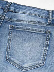 Embroidered Mid-Length Shorts, Floral & Leaf Print, Denim Fabric, Pocket Design, Raw Hem, Button Closure, Spring/Summer