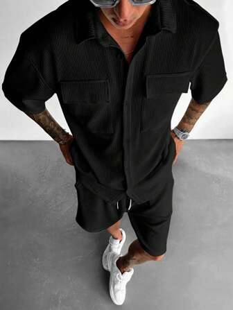 全新夏季男士纯色多口袋纽扣衬衫 + 抽绳短裤 2 件套，度假休闲运动装日常基本款，舒适装