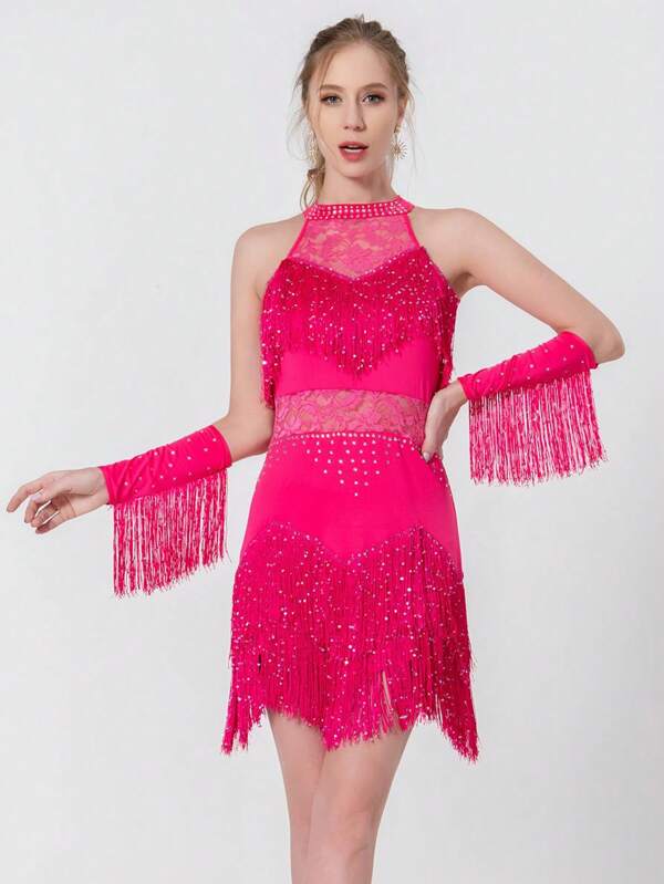 Latin Cultural-Inspired Dance Costume Set - Rhinestone Lace & Tassel Dress For Salsa/ Stage Performances & Festival Parties